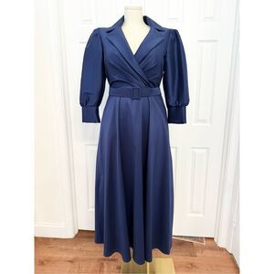 Badgley Mischka Womens Navy Belted Collared Half Sleeve Shirt Gown Size 14